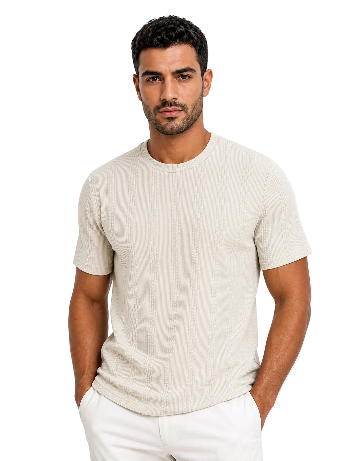 A man wearing a short-sleeve crew-neck knit t-shirt in a light cream color, paired with white trousers, photographed against a solid white background.