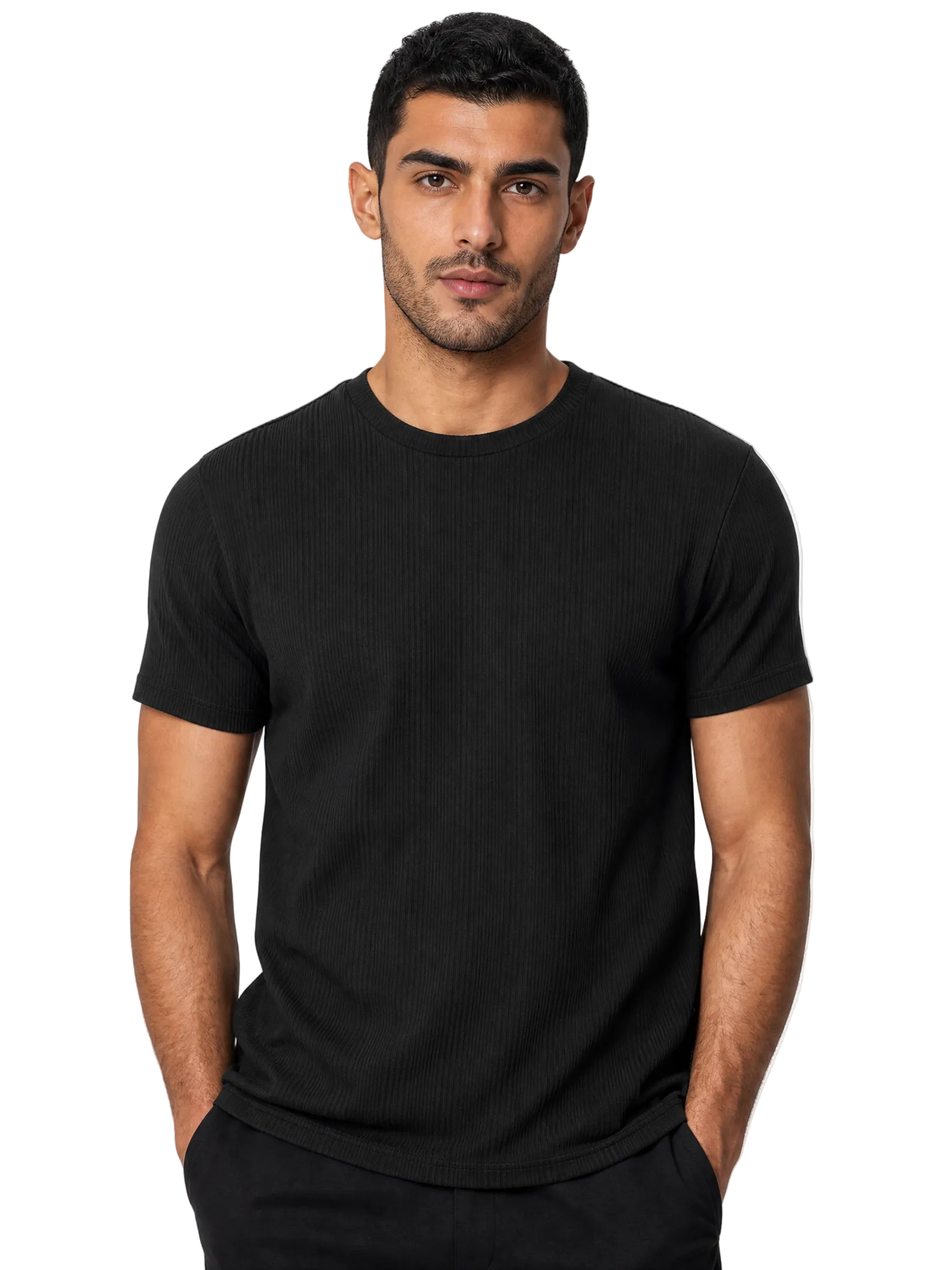 A man wearing a black short-sleeve ribbed crewneck t-shirt, standing against a solid white background.