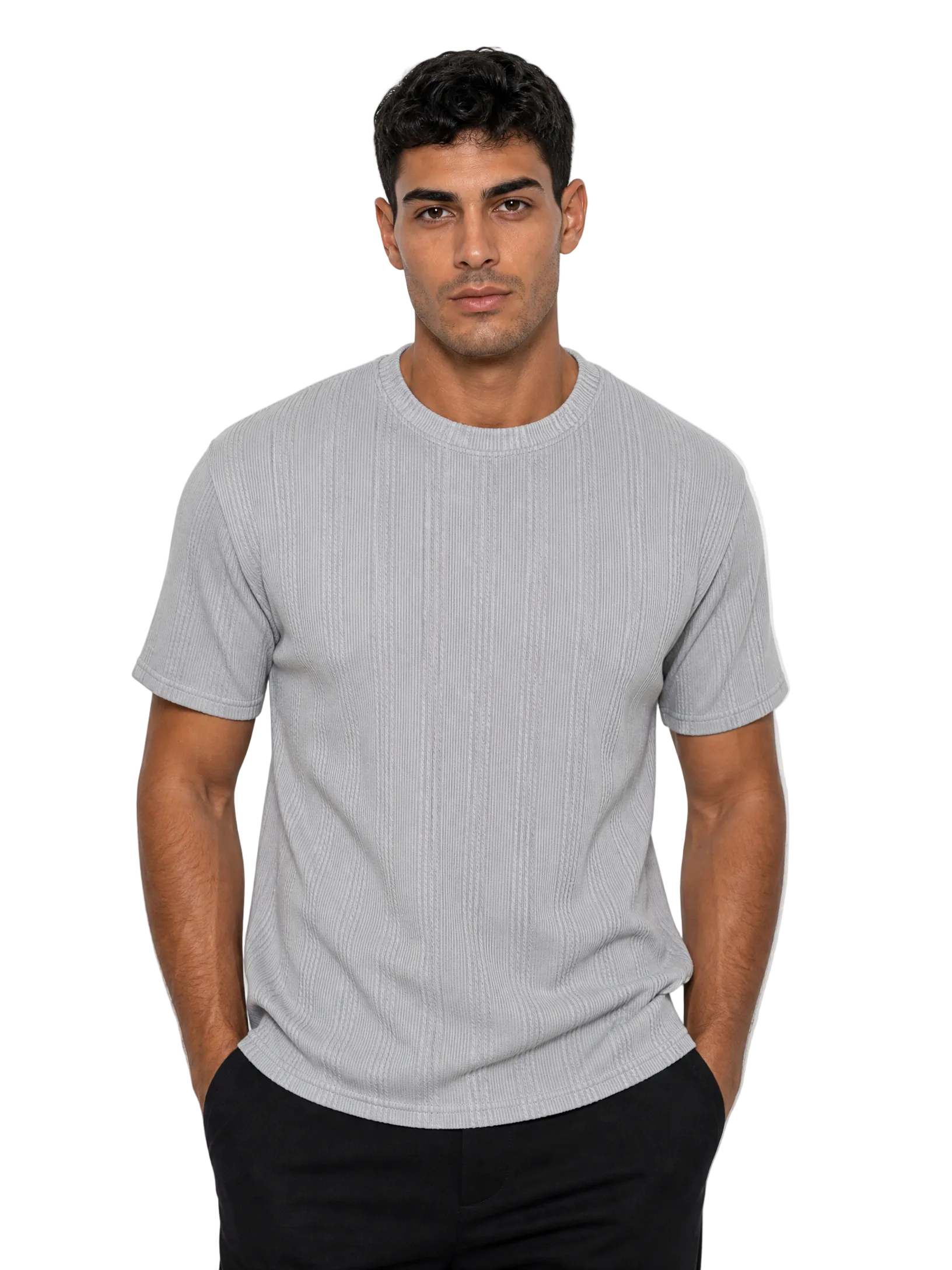 A man wearing a light gray ribbed short-sleeve crewneck t-shirt and black pants, standing against a plain white background.