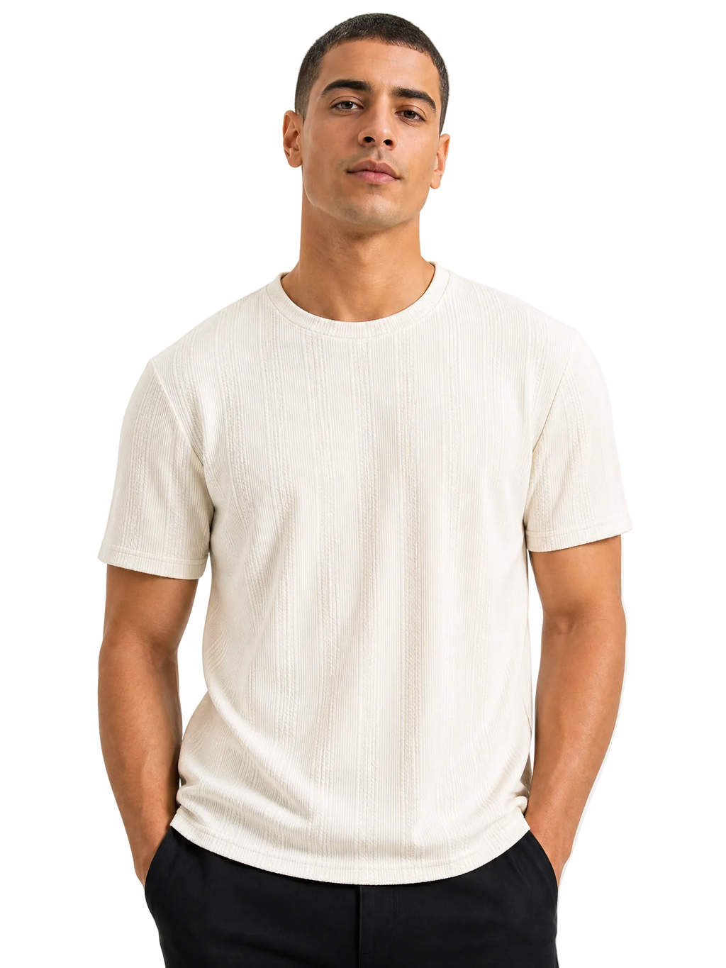 A man wearing a ribbed short-sleeve crewneck t-shirt in off-white, paired with black pants, photographed against a solid white background.