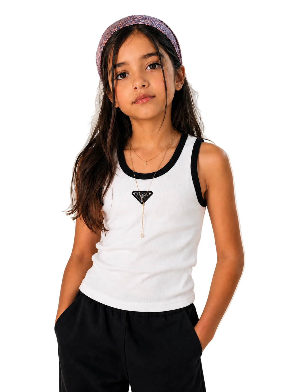 A young girl wearing a white tank top with black trim and a black triangle logo on the chest, paired with black pants and a patterned headband, posing against a light beige background.