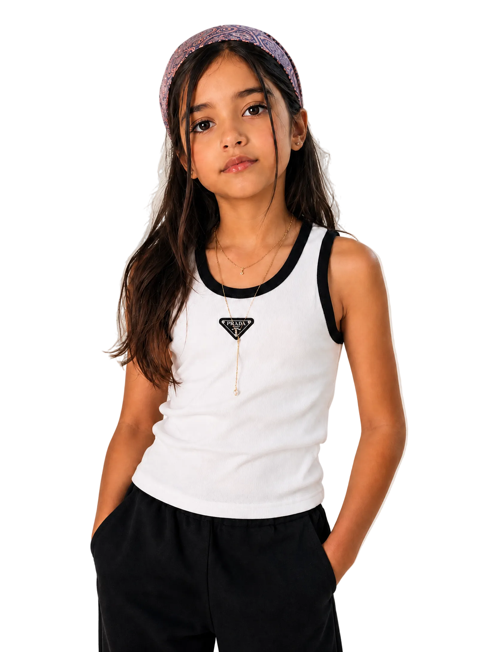 A young girl wearing a white tank top with black trim and a black triangle logo on the chest, paired with black pants and a patterned headband, posing against a light beige background.