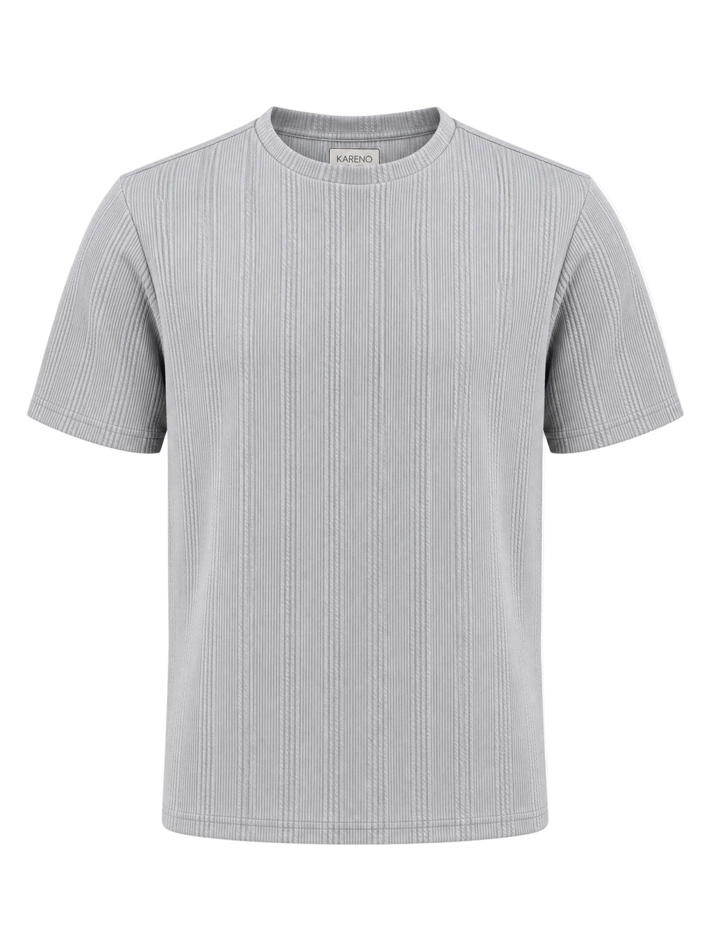 A light gray short-sleeve crewneck t-shirt with a vertical ribbed texture, shown on a plain white background.