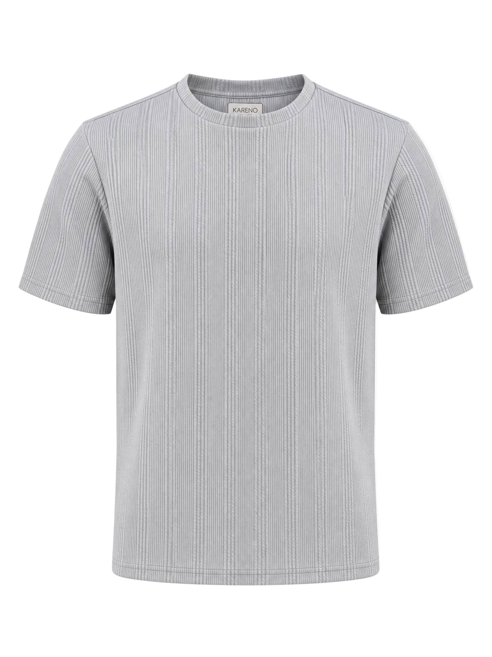 A light gray short-sleeve crewneck t-shirt with a vertical ribbed texture, shown on a plain white background.