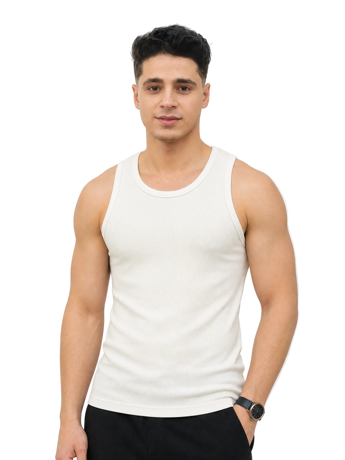 A man wearing a white ribbed tank top and black pants, standing against a light gray studio background.