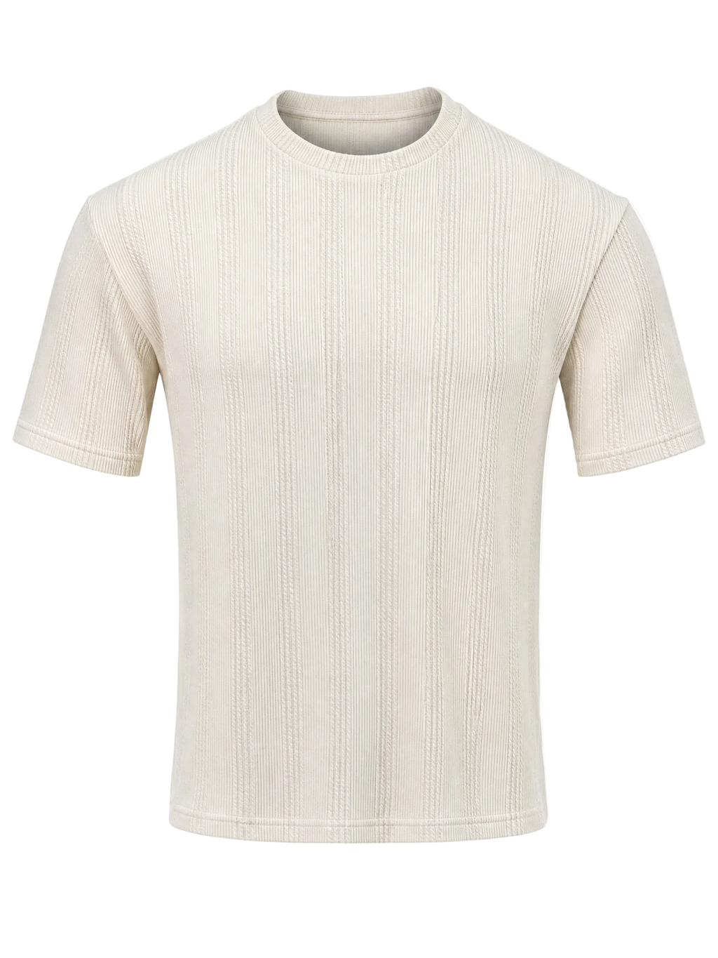A short-sleeve crewneck t-shirt in a warm cream or off-white color, featuring a vertical ribbed knit texture, shown against a plain white background.