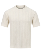 A short-sleeve crewneck t-shirt in a warm cream or off-white color, featuring a vertical ribbed knit texture, shown against a plain white background.