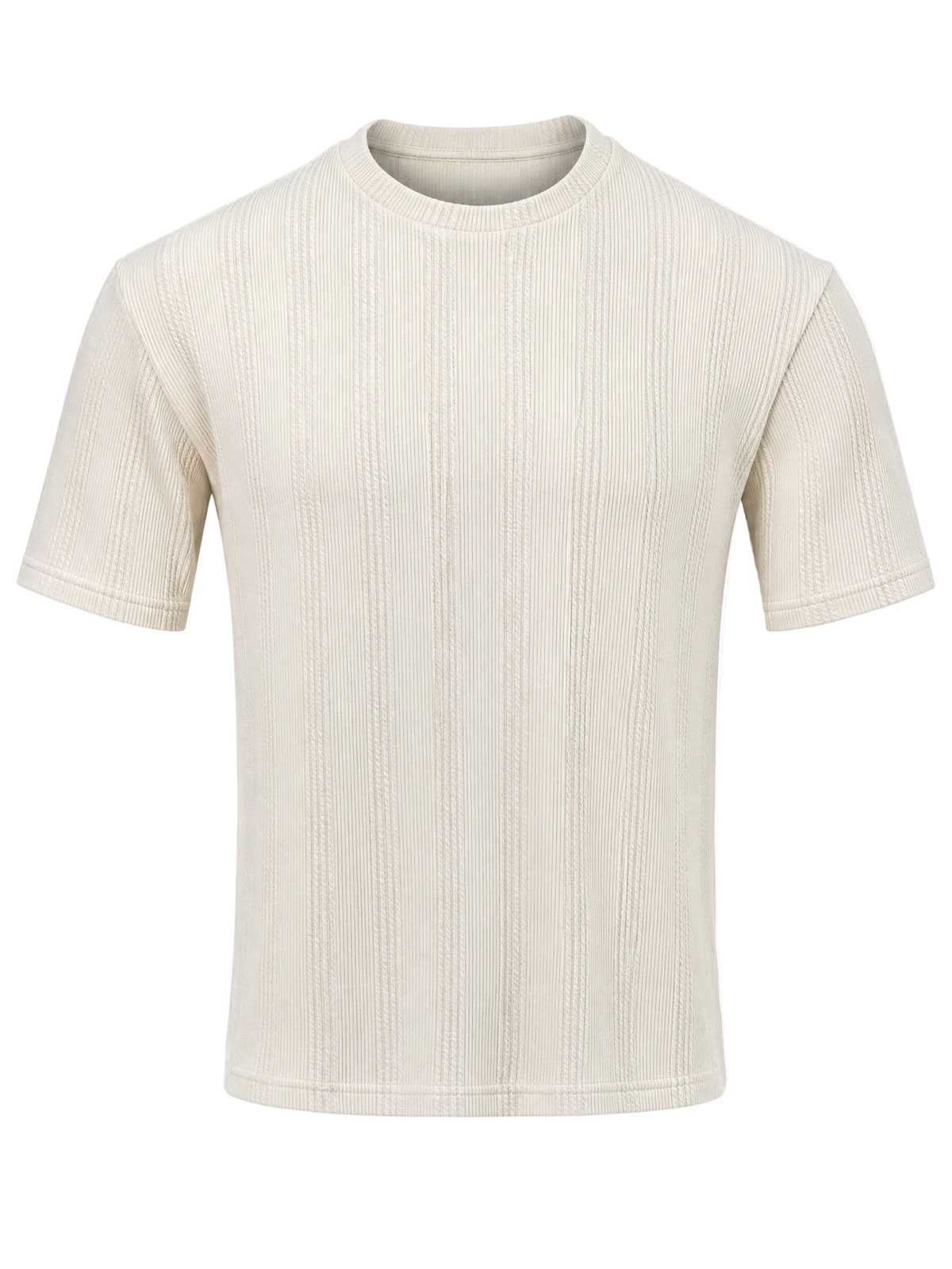 A short-sleeve crewneck t-shirt in a warm cream or off-white color, featuring a vertical ribbed knit texture, shown against a plain white background.