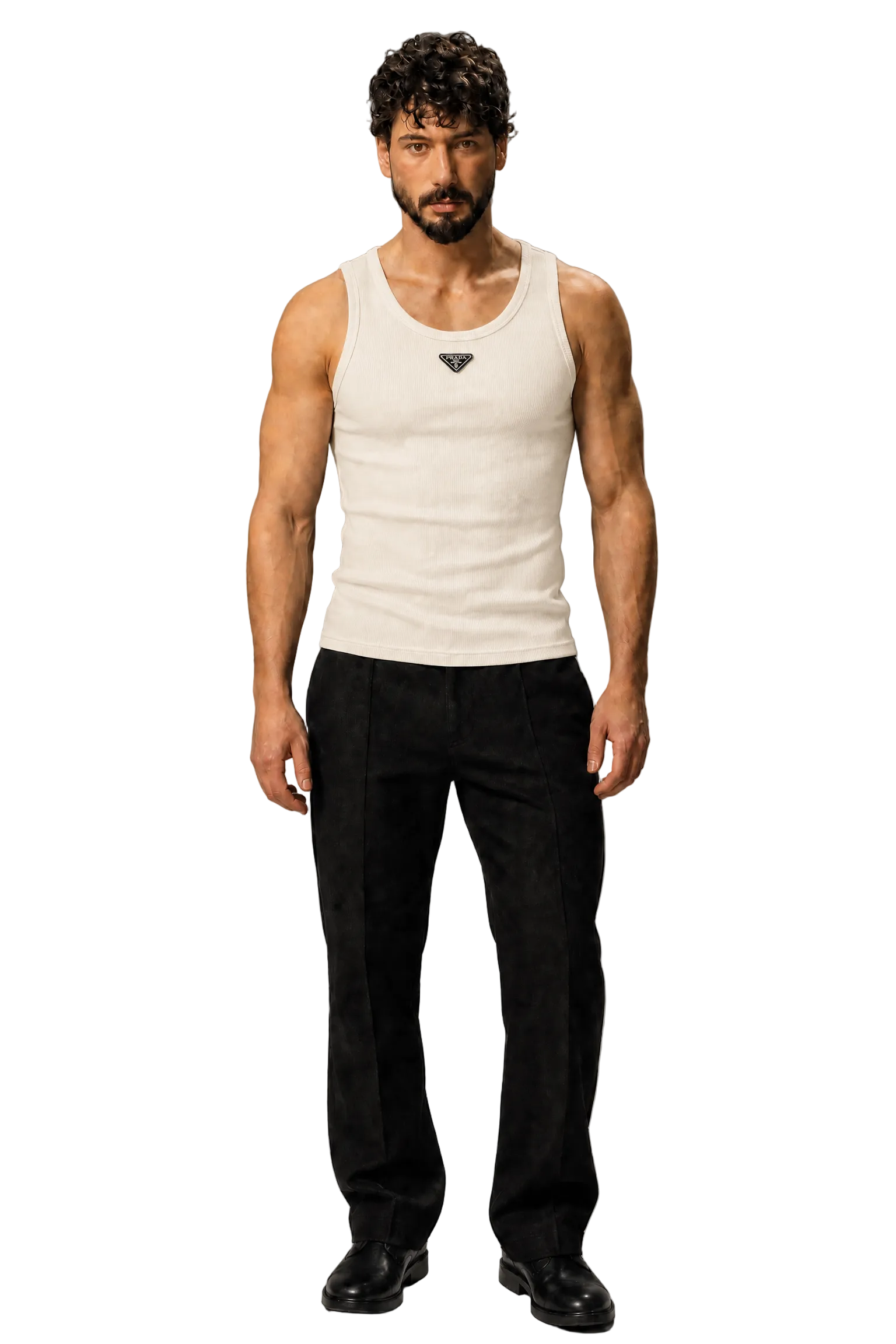 A man modeling a white ribbed tank top with a small black Prada triangle logo on the chest, paired with black trousers and black shoes, standing against a textured gray studio background.