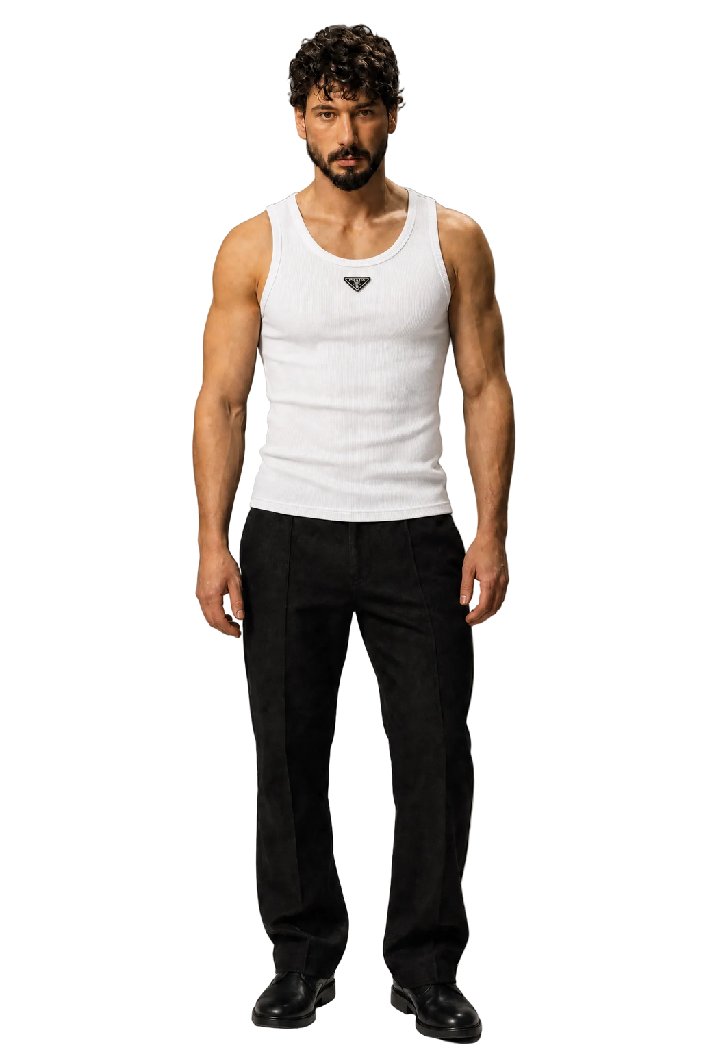 A man modeling a white ribbed tank top with a small black Prada triangle logo on the chest, paired with black trousers and black shoes, against a neutral gray studio background.