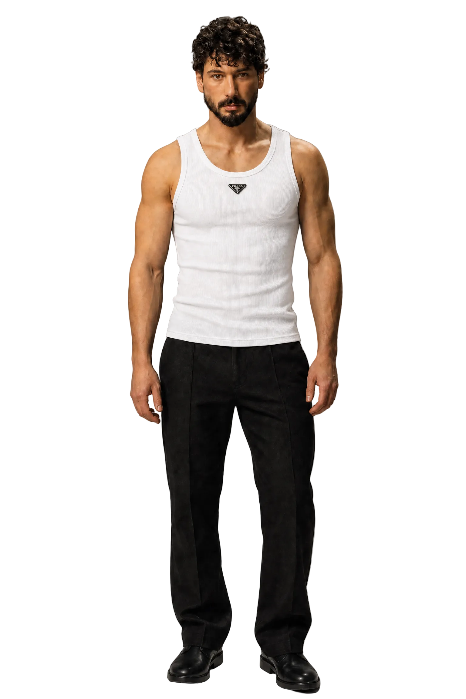 A man modeling a white ribbed tank top with a small black Prada triangle logo on the chest, paired with black trousers and black shoes, against a neutral gray studio background.