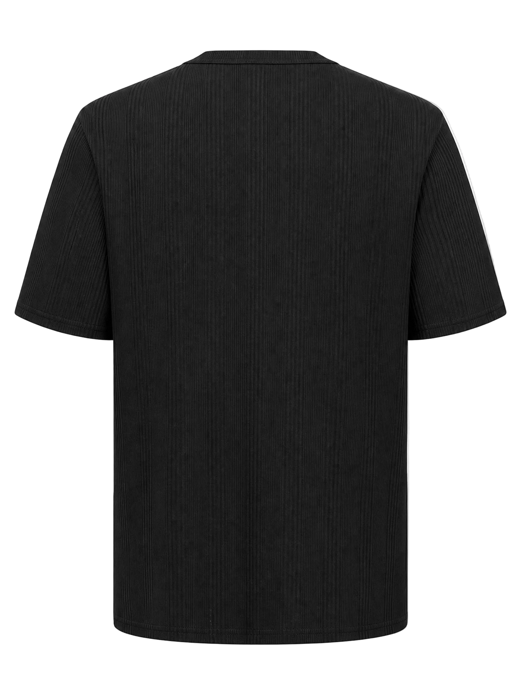 A black short-sleeve ribbed t-shirt shown from the back, displayed on a clean white background.