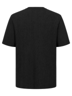 A black short-sleeve ribbed t-shirt shown from the back, displayed on a clean white background.