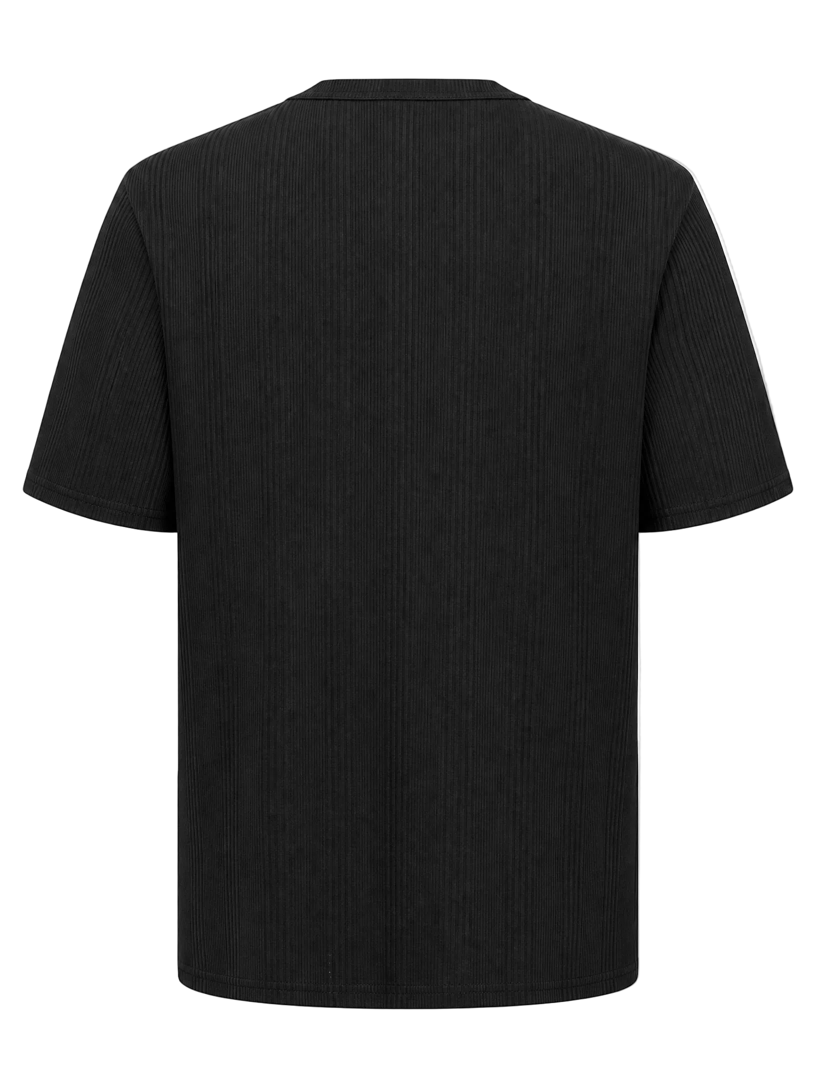 A black short-sleeve ribbed t-shirt shown from the back, displayed on a clean white background.
