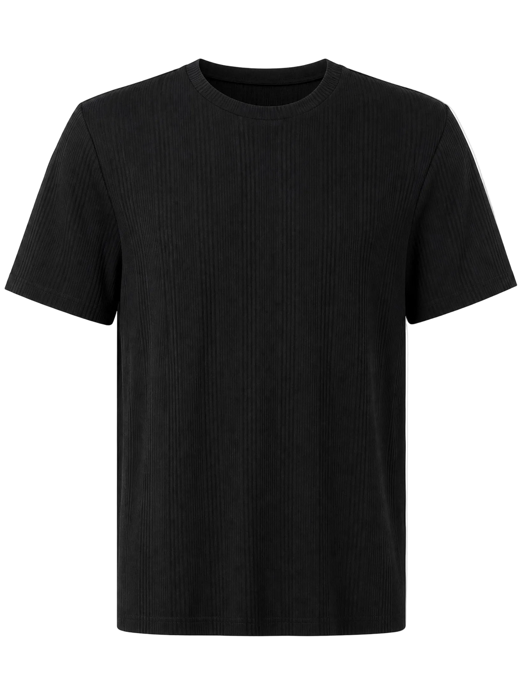 A black short-sleeve crewneck t-shirt with a vertical ribbed texture, shown against a plain white background.