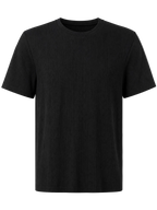 A black short-sleeve crewneck t-shirt with a vertical ribbed texture, shown against a plain white background.