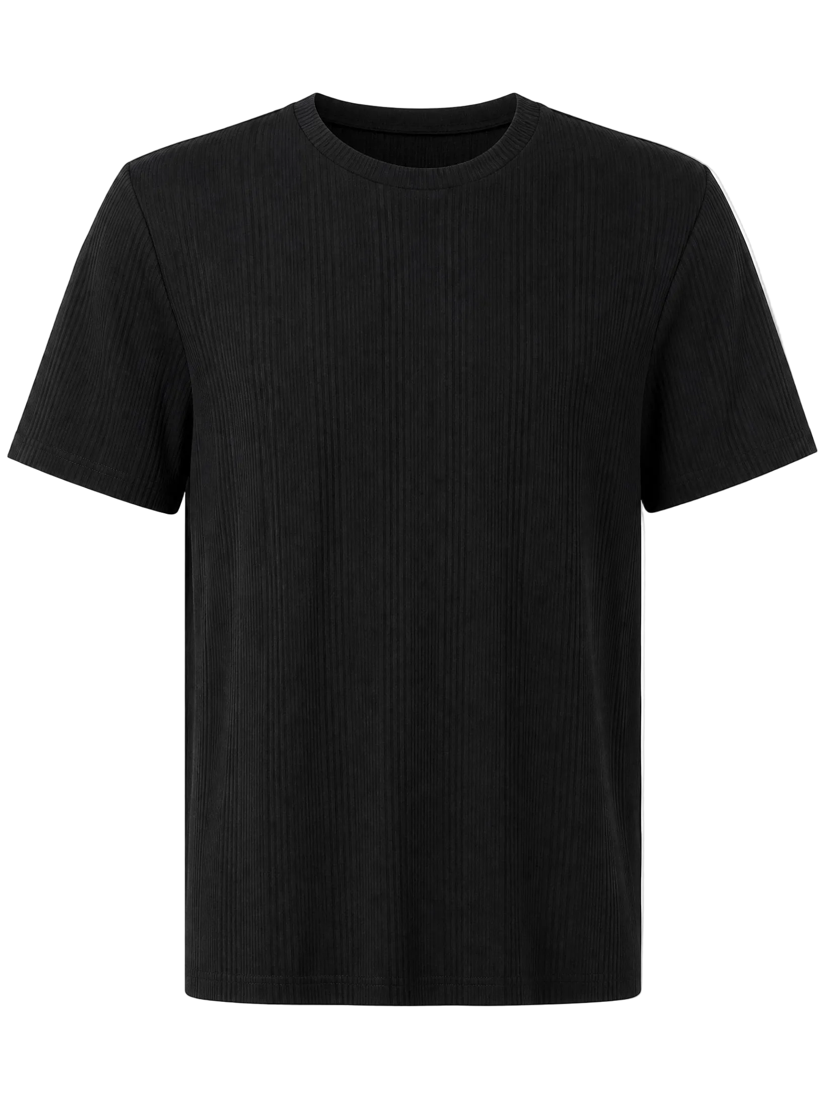A black short-sleeve crewneck t-shirt with a vertical ribbed texture, shown against a plain white background.