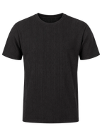 A black short-sleeve crewneck t-shirt with a fine vertical ribbed texture, shown against a plain white background.