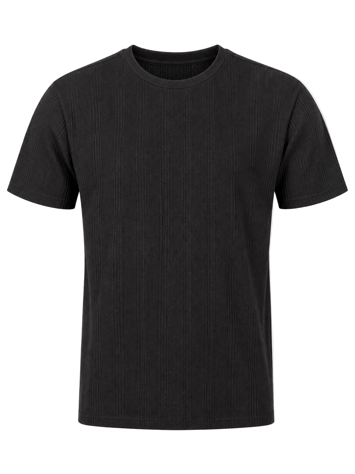 A black short-sleeve crewneck t-shirt with a fine vertical ribbed texture, shown against a plain white background.